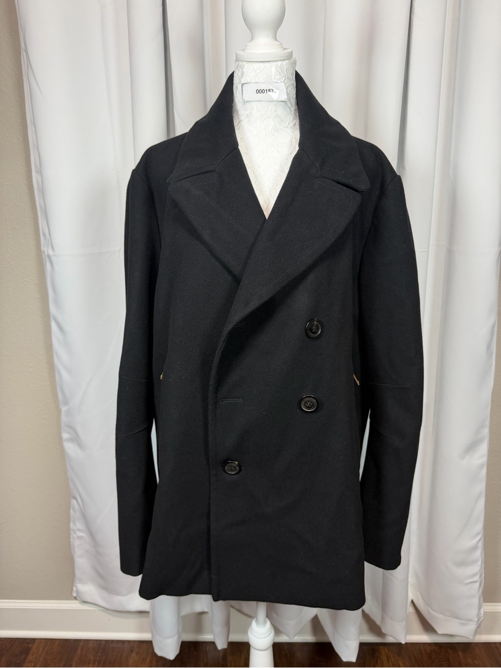 Karl Lagerfeld Paris XL Wool Coat Black Studded Collar Leather Trim Peacoat